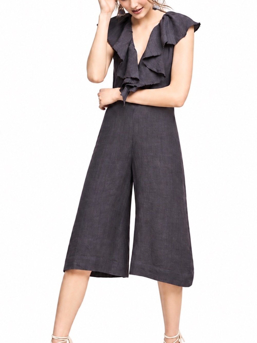 Anthropologie Maria Stanley Cascada ruffled Neckline Cropped Jumpsuit Size …